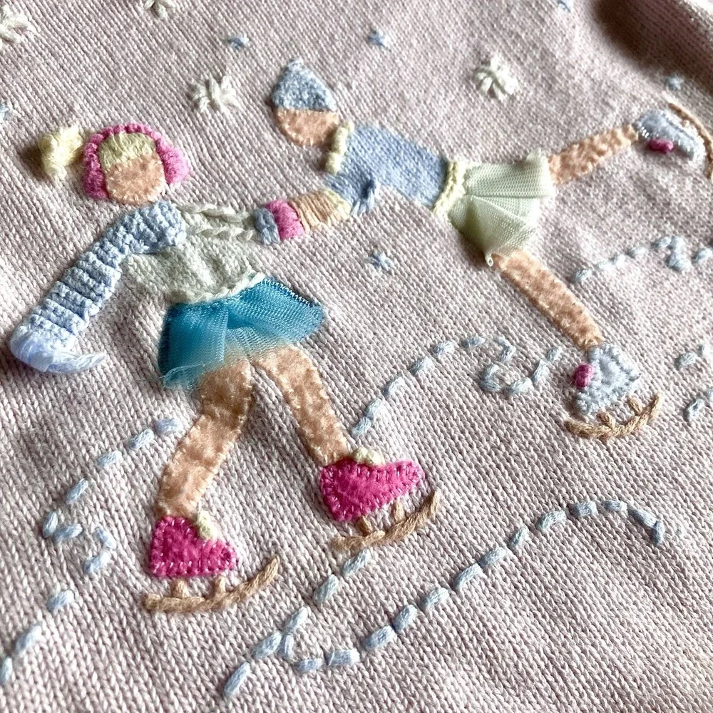 Vtg Embroidered Sweater 3D Girls Ice Skating Pink 2T Cotton Ramie Winter Snow
